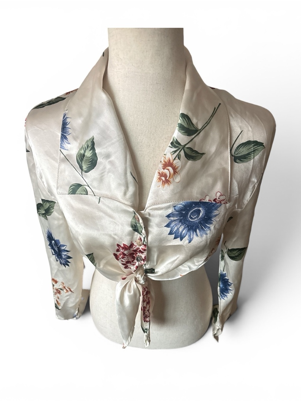 Vintage Tie-Front Satin Floral Blouse - Cream with Blue & Green Print - Picture 6 of 6